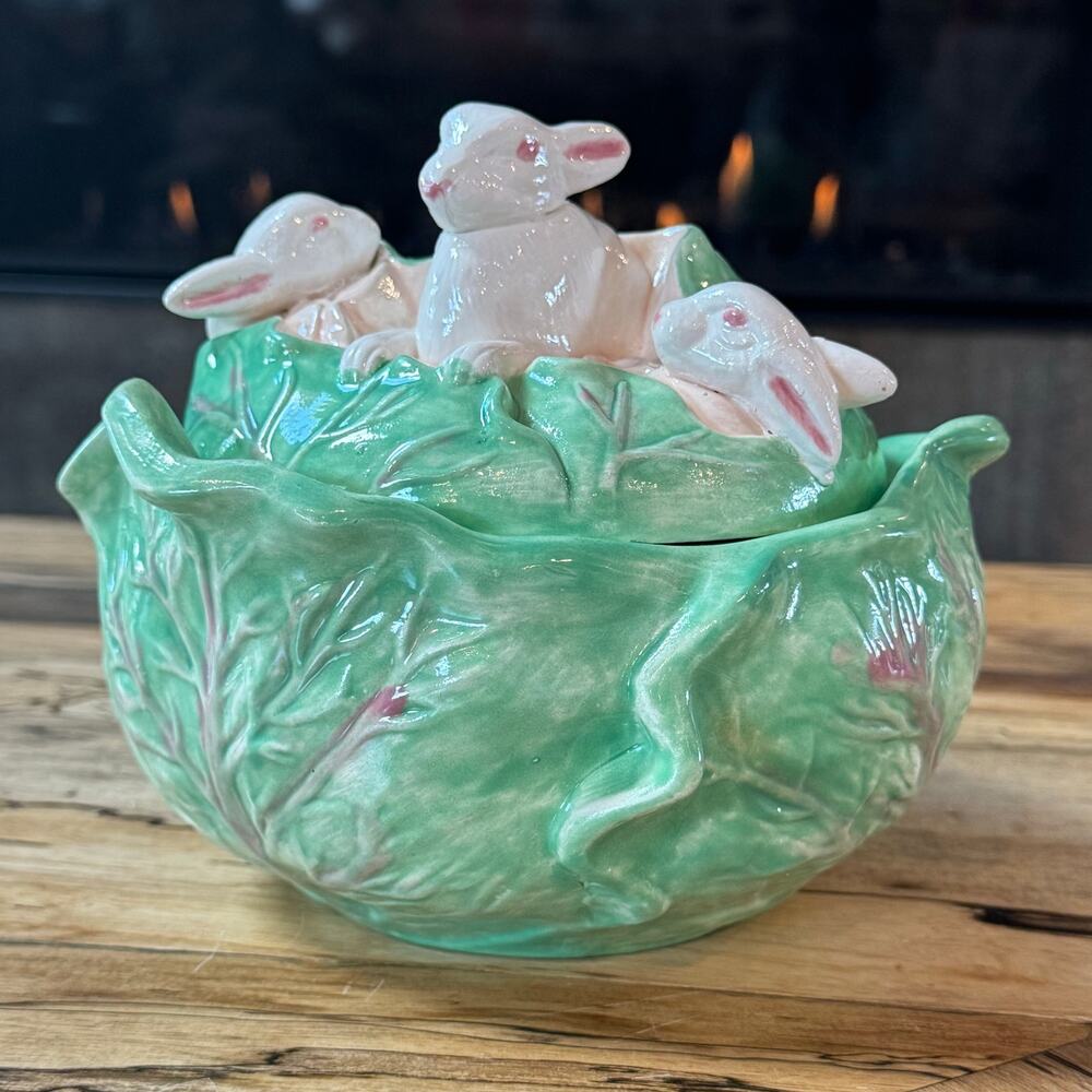 Vintage Holland Mold Cabbage Tureen Bunny Rabbit Lid Covered Dish Easter Repair